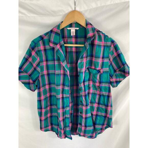 Victoria's Secret Tops - Victorias Secret Womans Plaid Short Sleeve Button Up Sleep Flannel Shirt Size S
